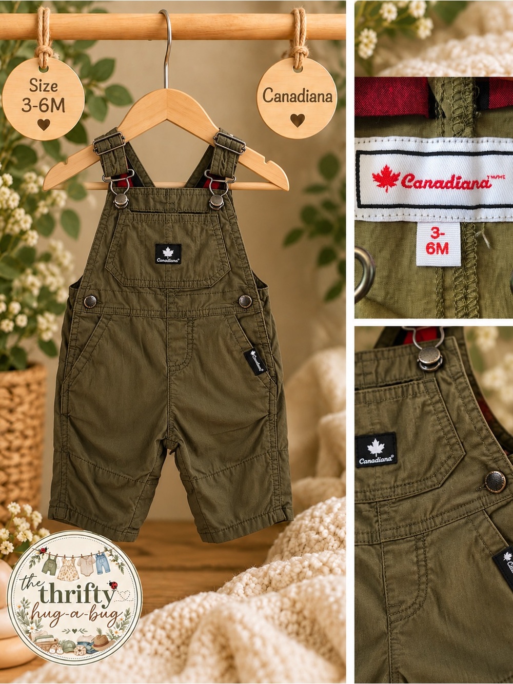Canadiana Baby Olive Green Short Overalls 3–6M | Utility Romper